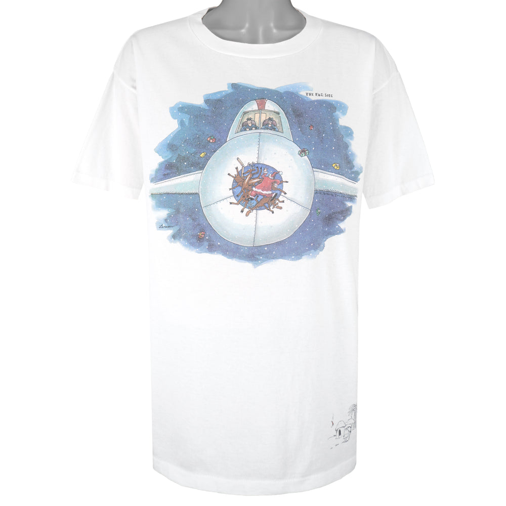 Vintage (The Far Side) - Farworks Santa vs Airplane Christmas T-Shirt 1990s X-Large Vintage Retro