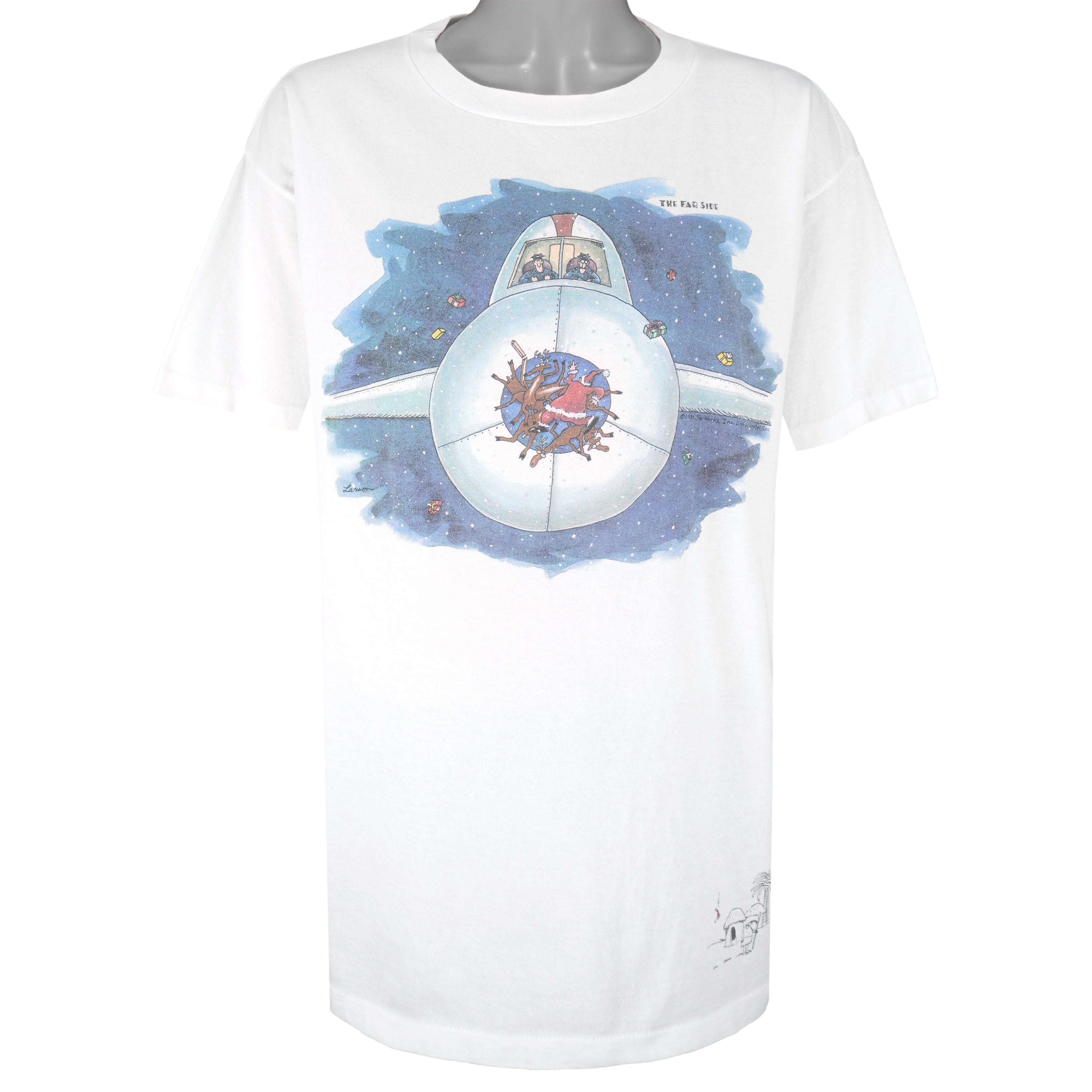 Vintage (The Far Side) - Farworks Santa vs Airplane Christmas T-Shirt 1990s X-Large Vintage Retro
