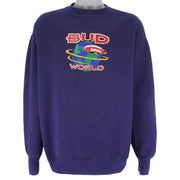 Budweiser (Defoor) - Blue Bud World Crew Neck Sweatshirt 1990s X-Large Vintage Retro