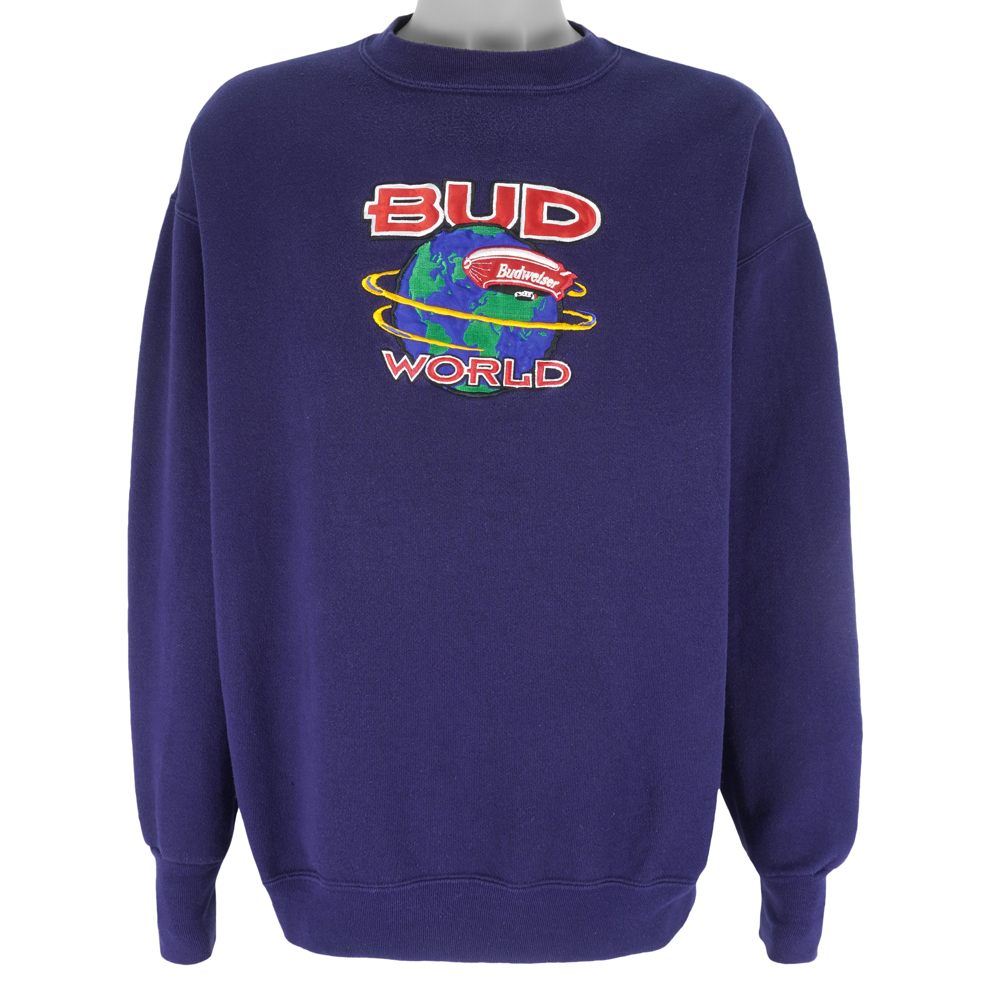 Budweiser (Defoor) - Blue Bud World Crew Neck Sweatshirt 1990s X-Large Vintage Retro