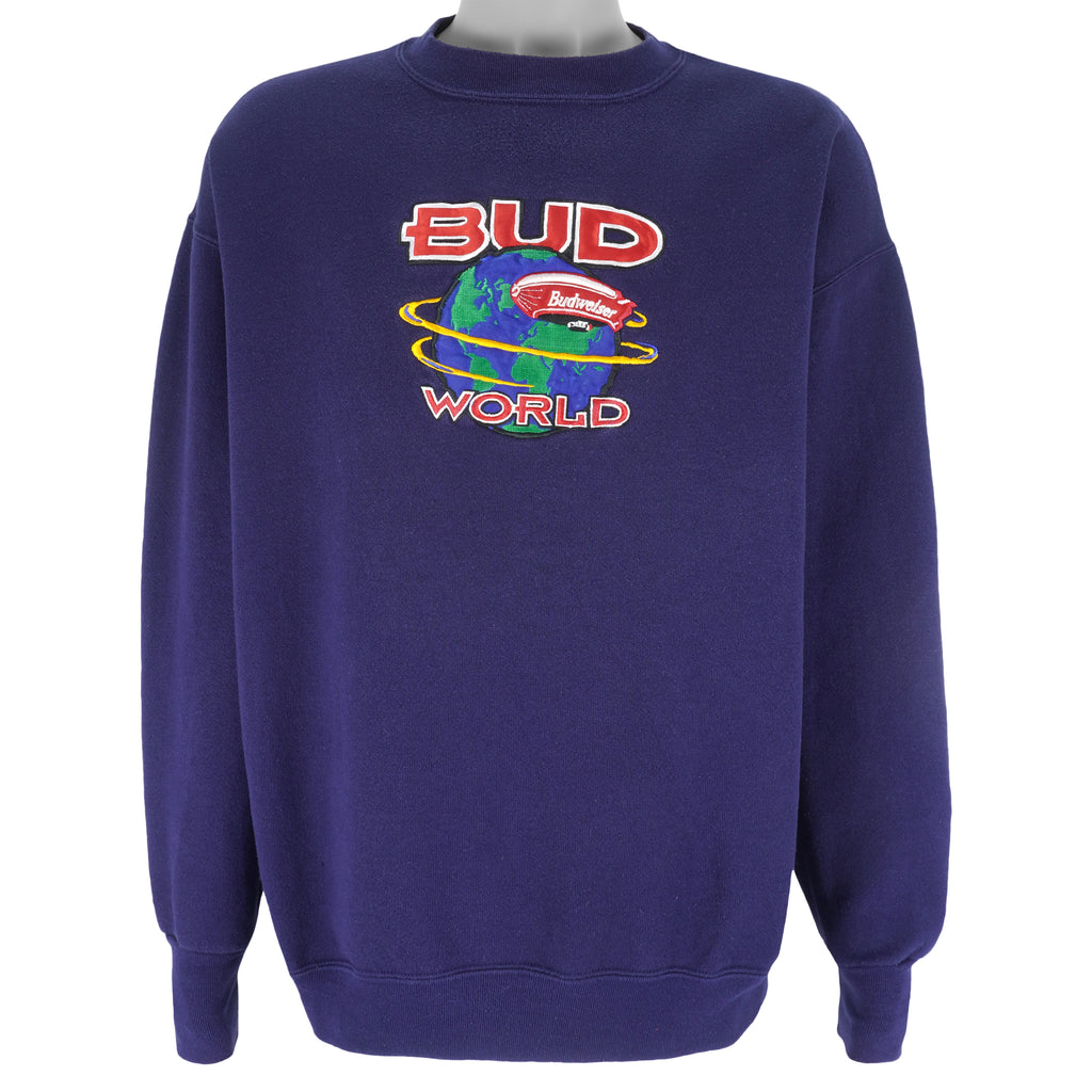 Budweiser (Defoor) - Blue Bud World Crew Neck Sweatshirt 1990s X-Large Vintage Retro