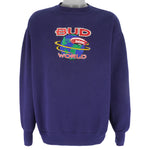 Budweiser (Defoor) - Blue Bud World Crew Neck Sweatshirt 1990s X-Large Vintage Retro