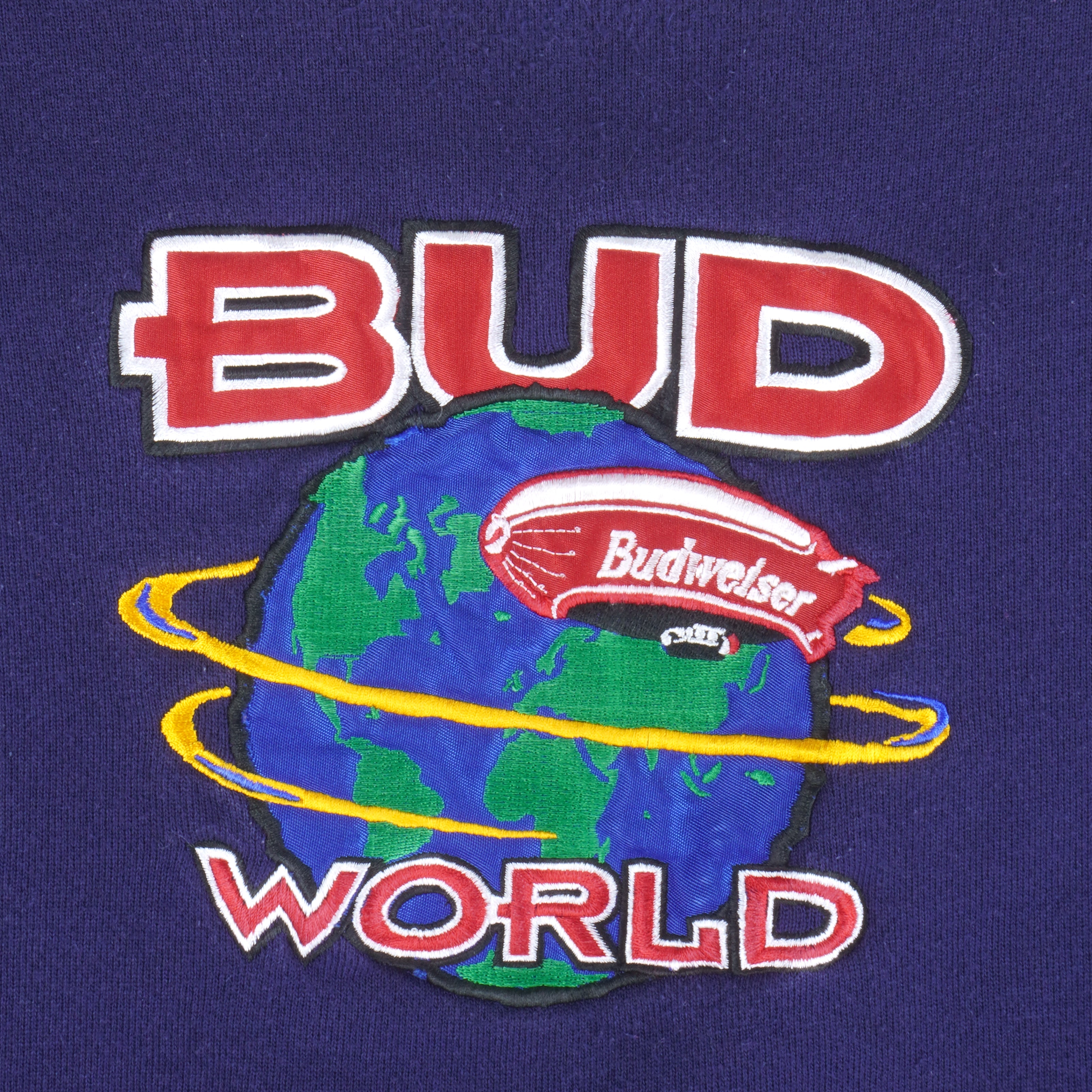 Budweiser (Defoor) - Blue Bud World Crew Neck Sweatshirt 1990s X-Large Vintage Retro