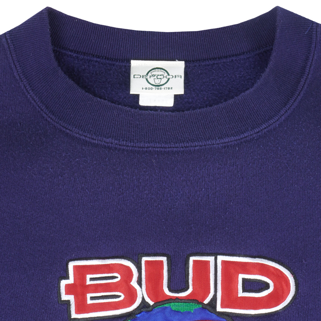 Budweiser (Defoor) - Blue Bud World Crew Neck Sweatshirt 1990s X-Large Vintage Retro