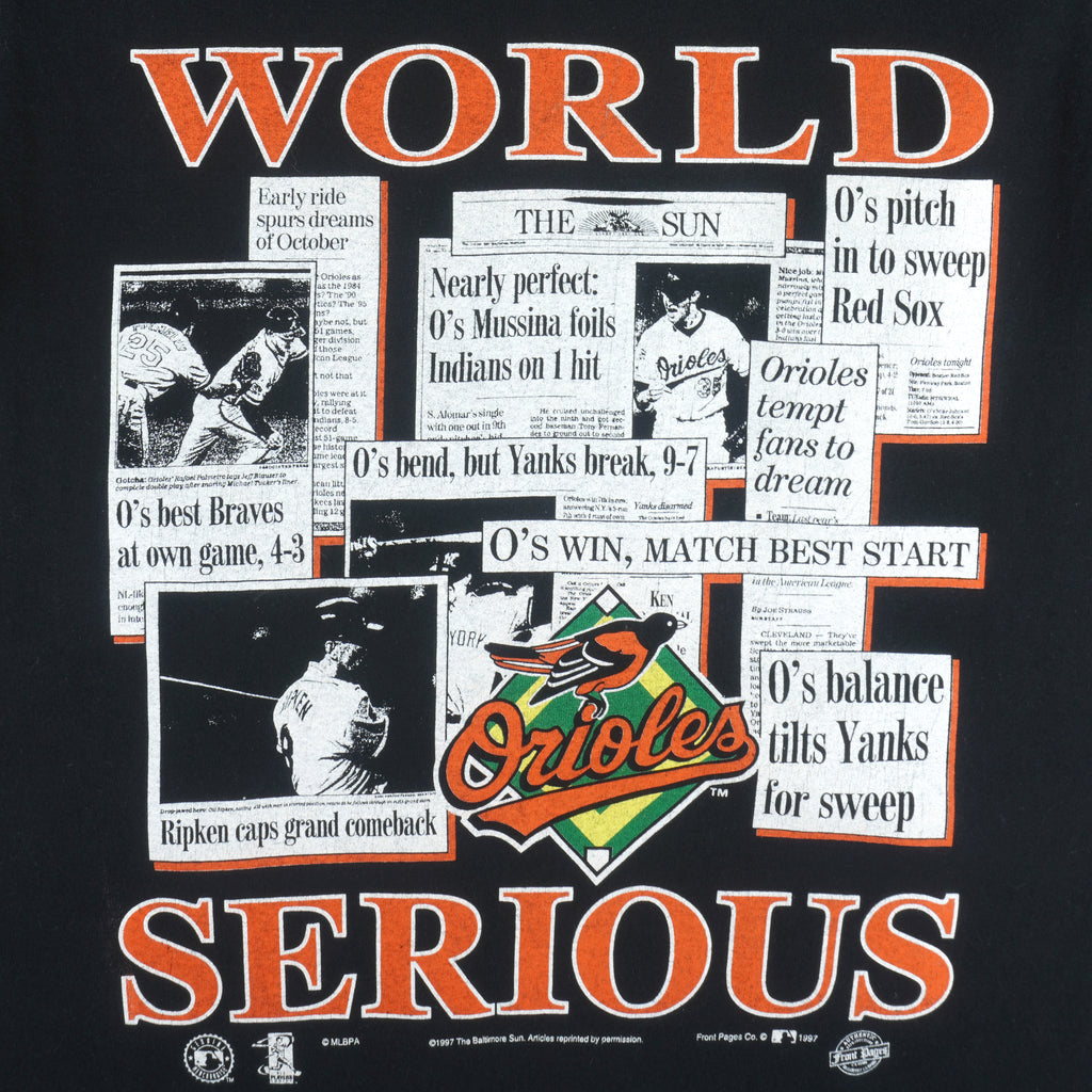 MLB (Front Pages) - Baltimore Orioles World Serious T-Shirt 1997 Medium Vintage Retro Baseball
