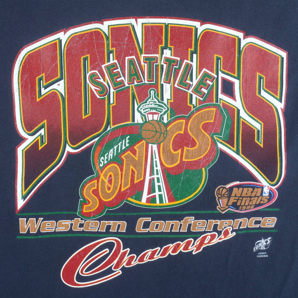 NBA (League Leader) - Seattle SuperSonics Western Conference Champs T-Shirt 1996 Large Vintage Retro Basketball