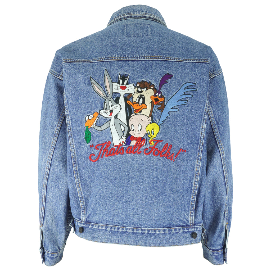 Looney Tunes - That's All Folks Embroidered Denim Jacket 1990s Medium Vintage Retro