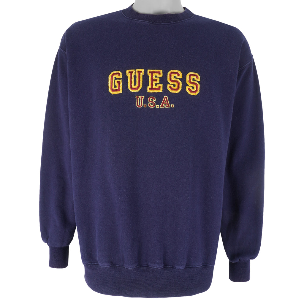 Guess - Blue Embroidered Crew Neck Sweatshirt 1990s Large Vintage Retro