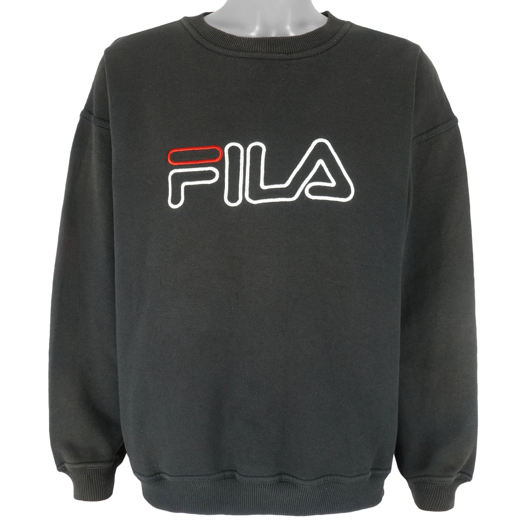 FILA - Black Embroidered Crew Neck Sweatshirt X-Large Vintage Retro
