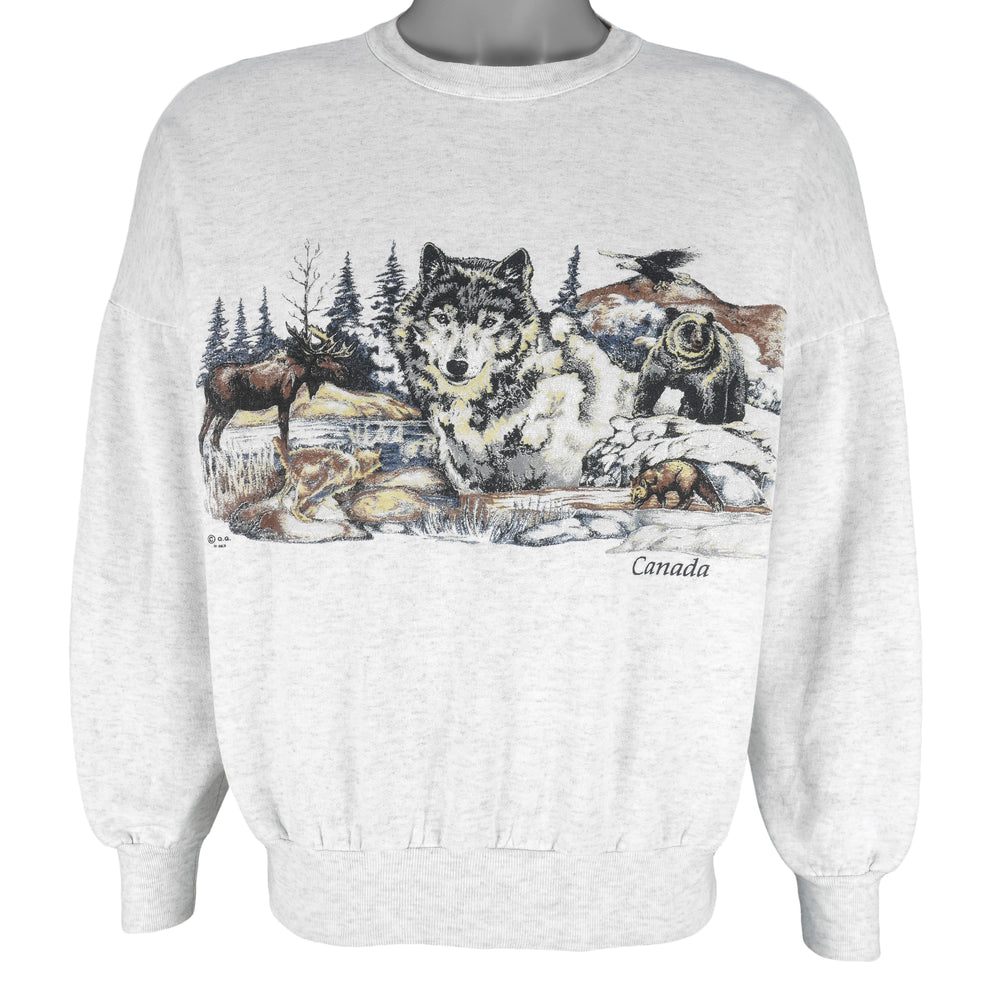 Vintage (QG) - Grey Canada Wildlife Crew Neck Sweatshirt 1990s Medium Vintage Retro