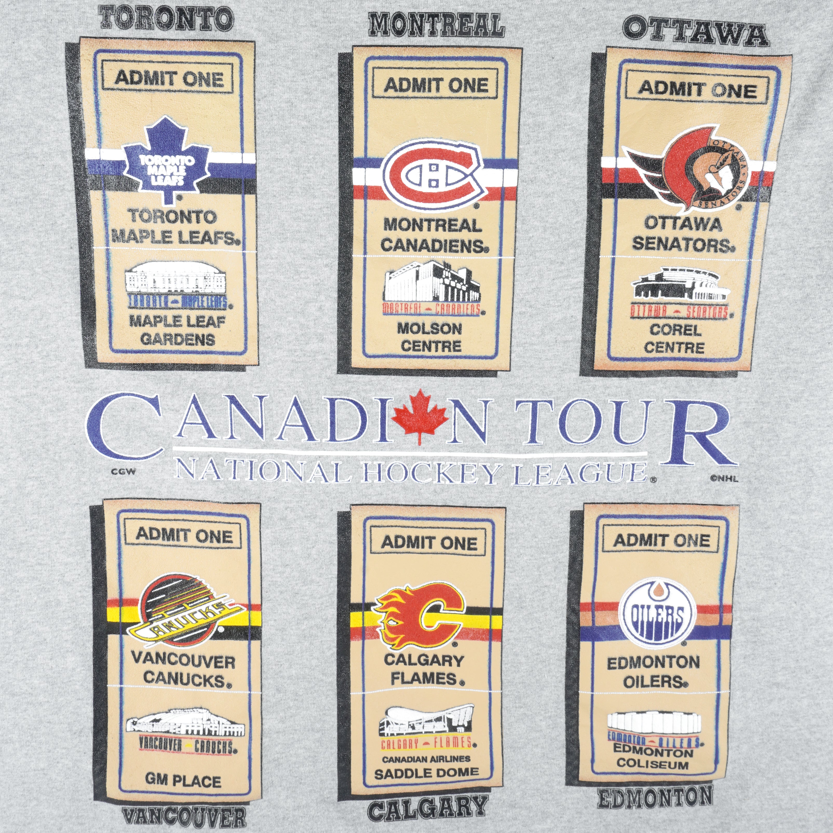 NHL (Waves) - Canadain Tour Toronto Montreal Ottawa T-Shirt 1990s Medium Vintage Retro Hockey