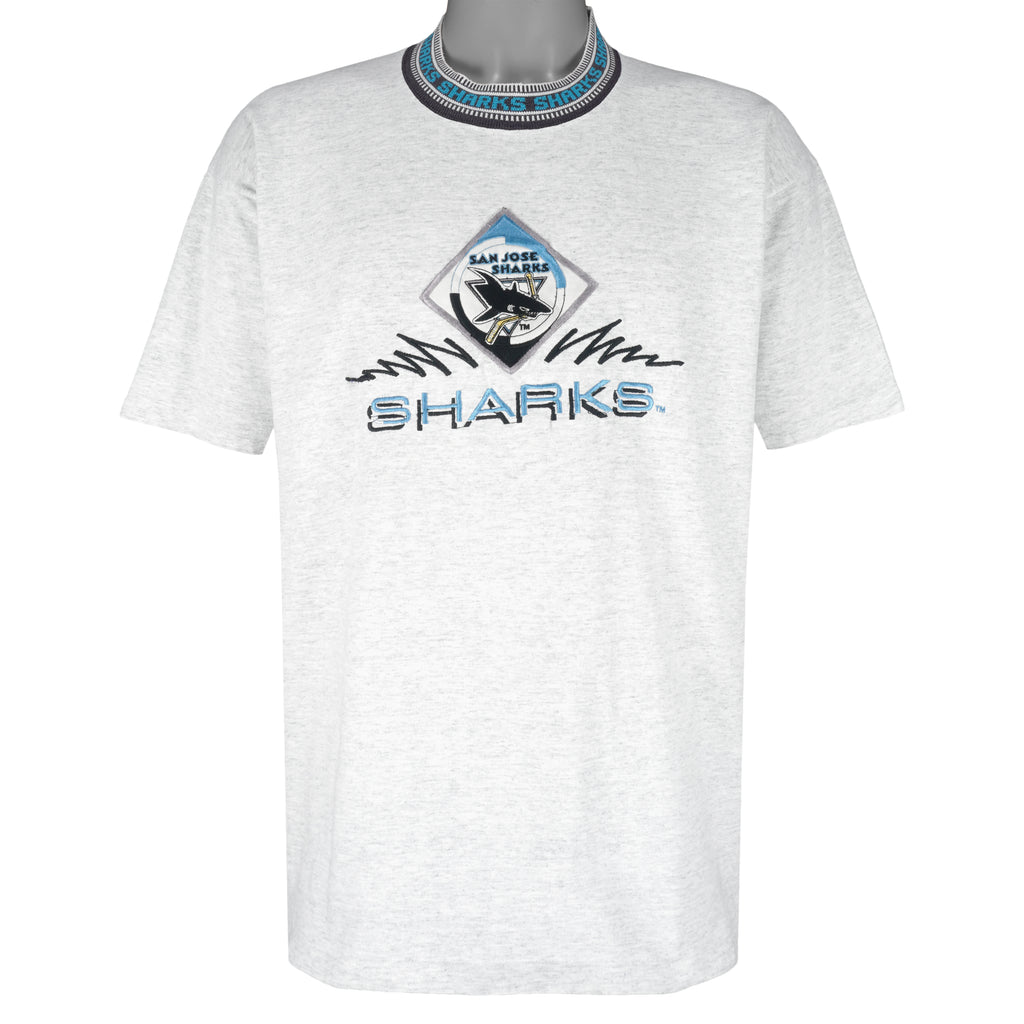NHL (Logo Athletic) - Grey San Jose Sharks Single Stitch T-Shirt 1990s Large Vintage Retro Hockey