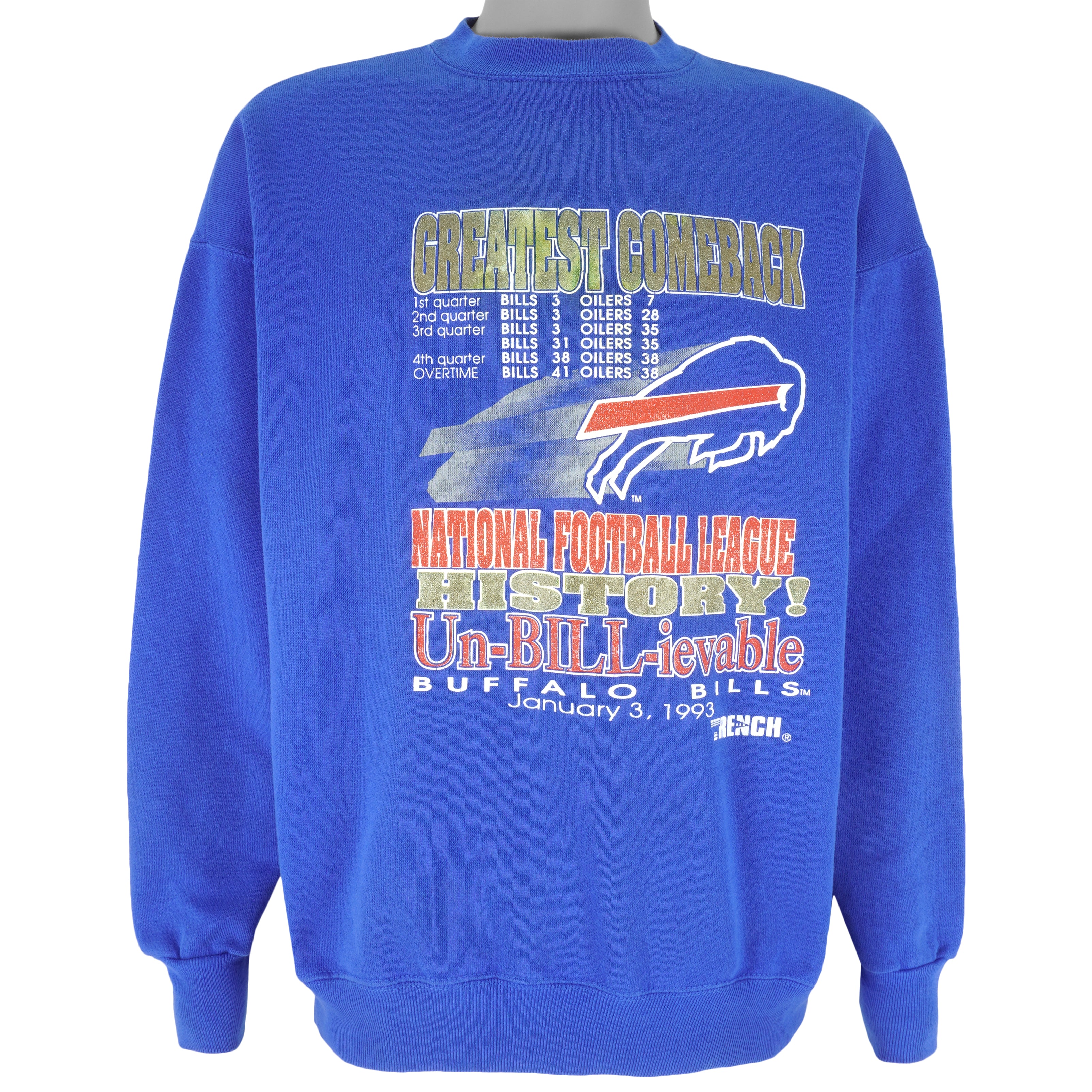 NFL (Trench) - Buffalo Bills Greatest Comeback Crew Neck Sweatshirt 1993 X-Large Vintage Retro Football