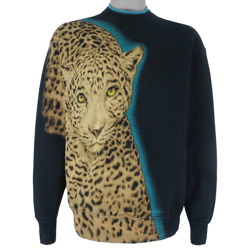 Vintage (Fruit Of The Loom) - Black Jaguar Print Crew Neck Sweatshirt 1990s Large Vintage Retro