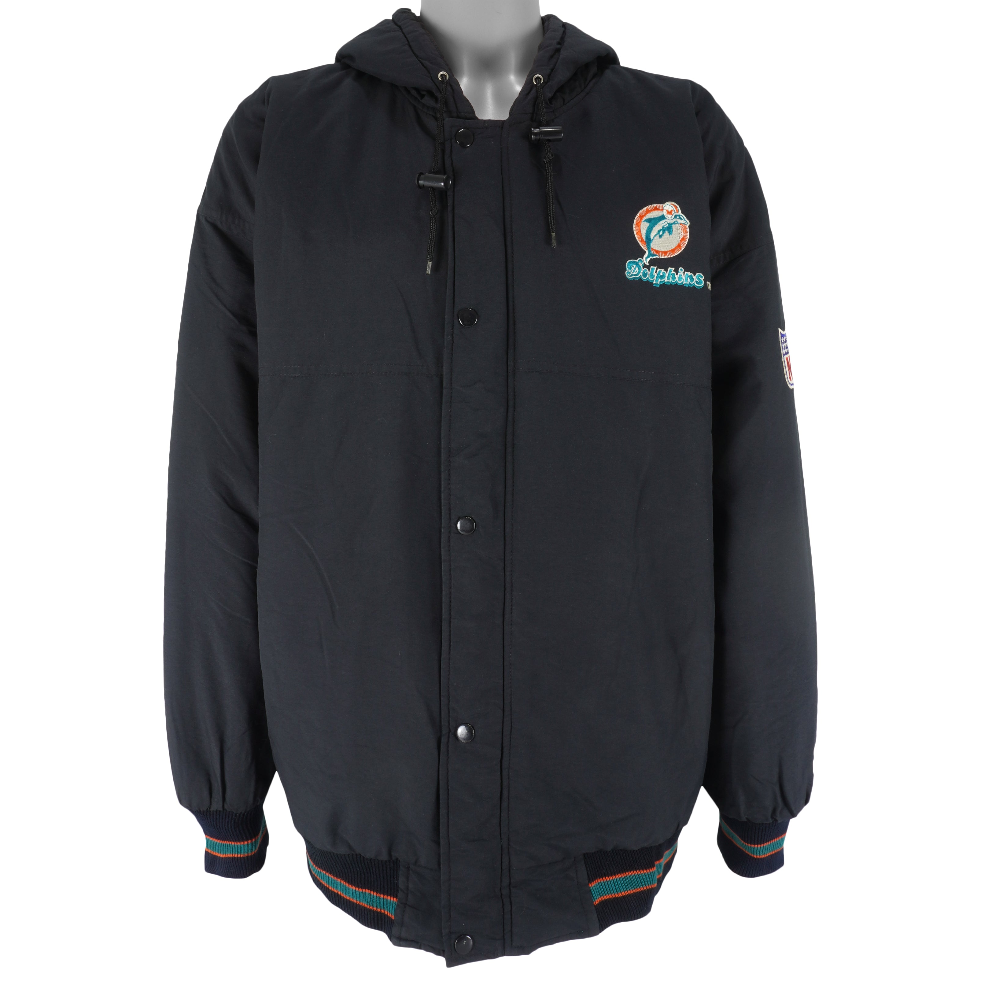 Starter - Miami Dolphins Zip & Button-Up Puffer Jacket 1990s X-Large Vintage Retro Football