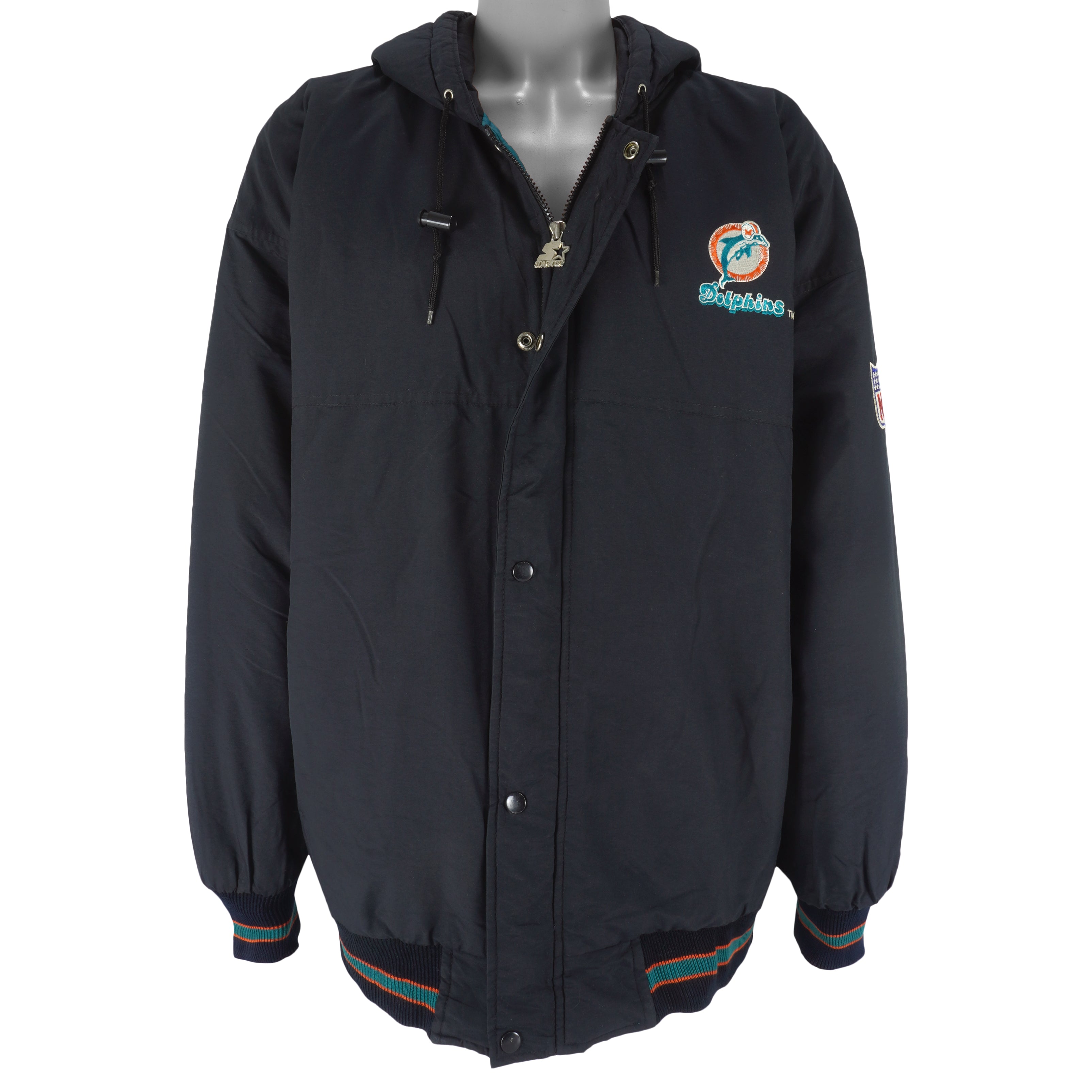 Starter - Miami Dolphins Zip & Button-Up Puffer Jacket 1990s X-Large
