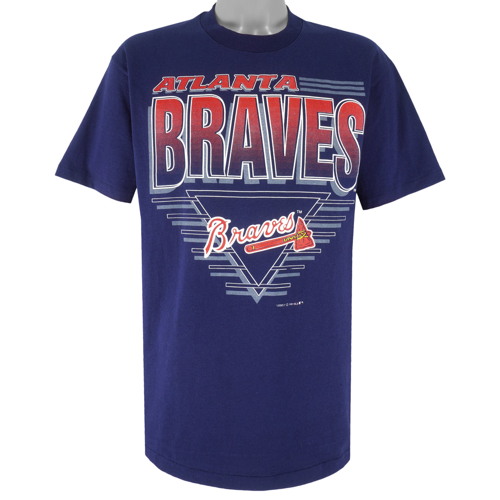 MLB (Hanes) - Atlanta Braves Spell-Out Single Stitch T-Shirt 1991 Large Vintage Retro Baseball