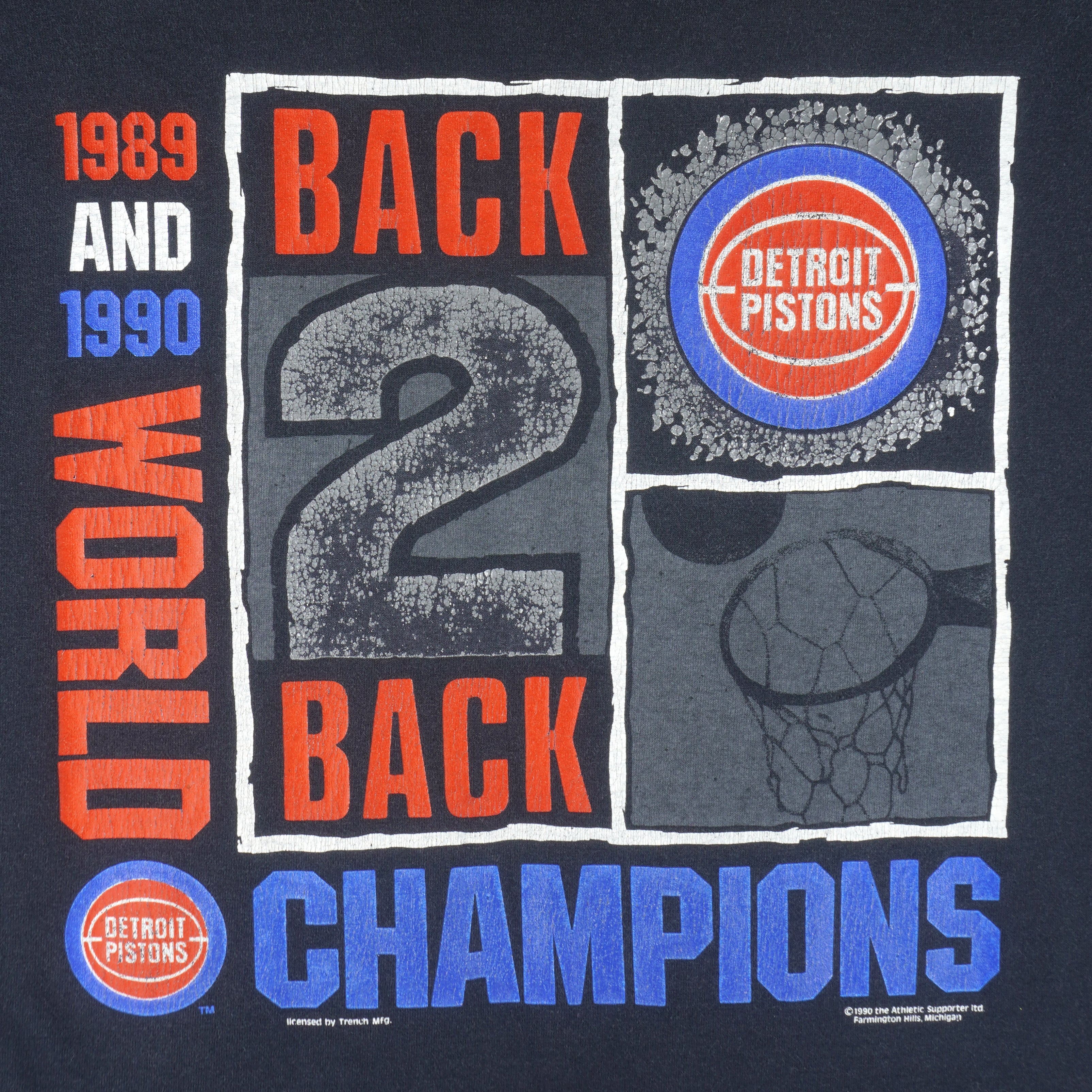 NBA (Trench) - Detroit Pistons Back 2 Back World Champions T-Shirt 1990 Vintage Basketball Medium