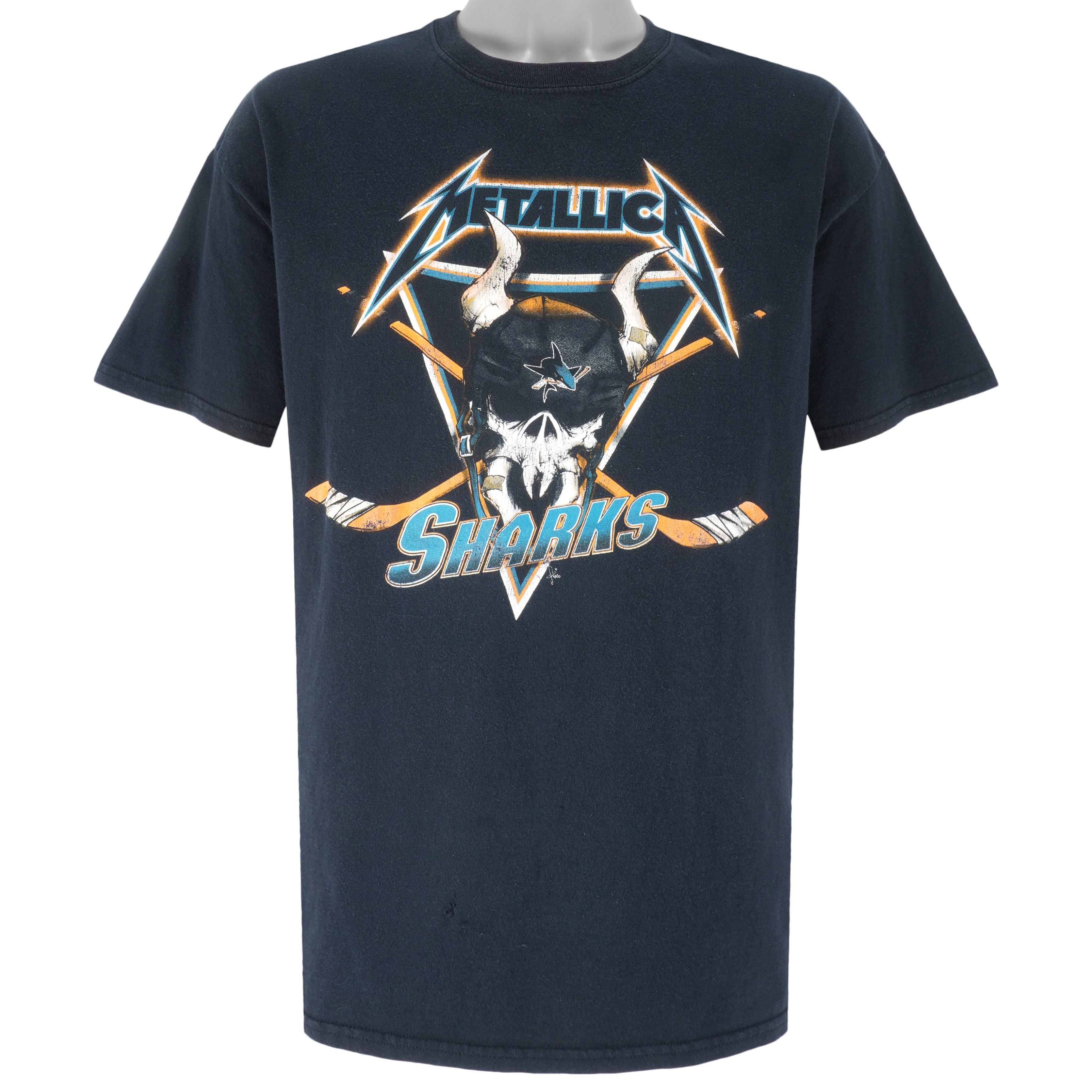 NHL (Gildan) - Black San Jose Sharks Metallica T-Shirt 1990s X-Large Vintage Retro Hockey