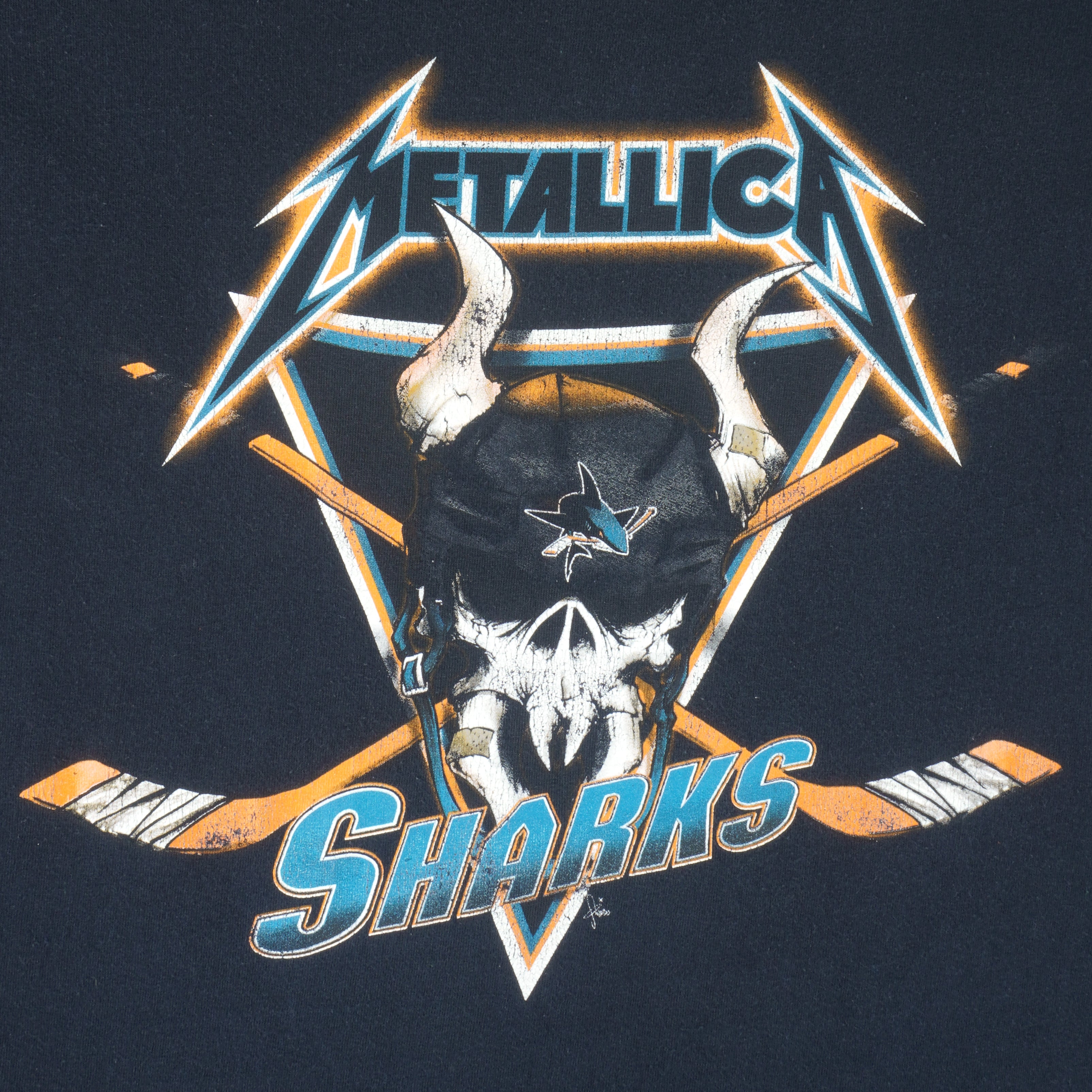 NHL (Gildan) - Black San Jose Sharks Metallica T-Shirt 1990s X-Large Vintage Retro Hockey