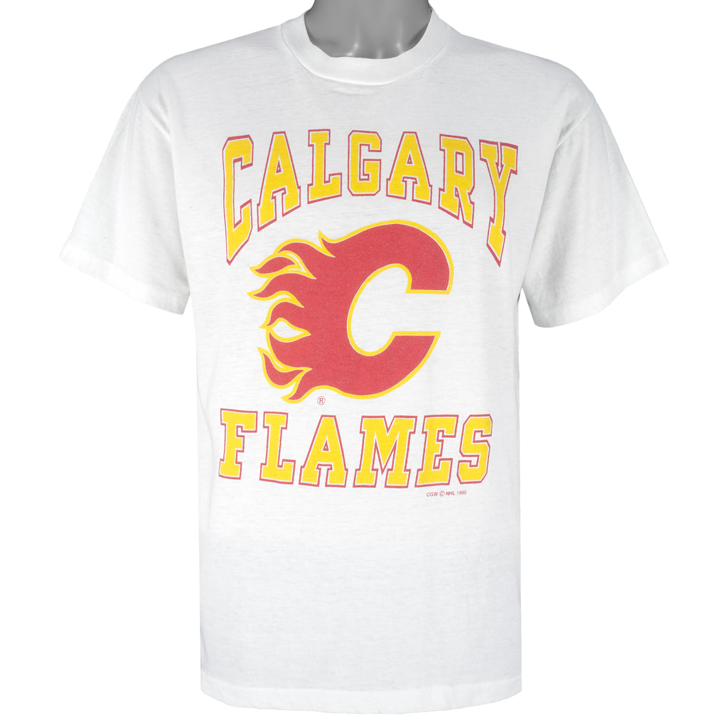 NHL - Calgary Flames Big Spell-Out T-Shirt 1990 Large Vintage Hockey