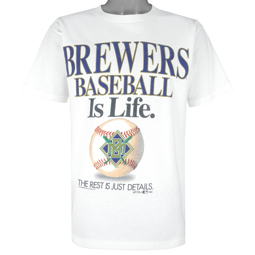 MLB (Henry Aaron) - Milwaukee Brewers Baseball Is Life T-Shirt 1998 Large Vintage Retro Baseball