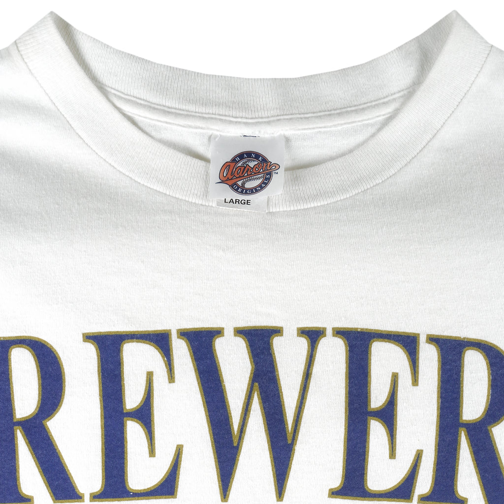 MLB (Henry Aaron) - Milwaukee Brewers Baseball Is Life T-Shirt 1998 Large Vintage Retro Baseball