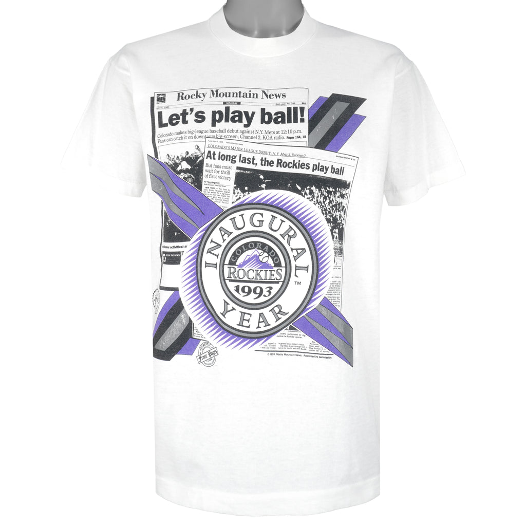 MLB (Front Pages) - Colorado Rockies Inaugural Year Let's Play Ball T-Shirt 1993 Large Vintage Retro Baseball