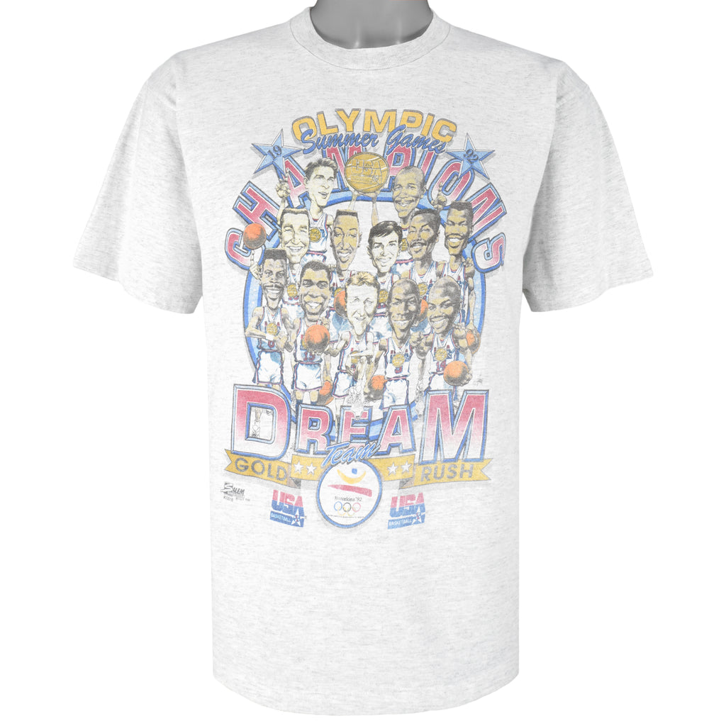NBA (Salem) - USA Dream Team Olympic Summer Game Caricature T-Shirt 1992 Large Vintage Retro Basketball