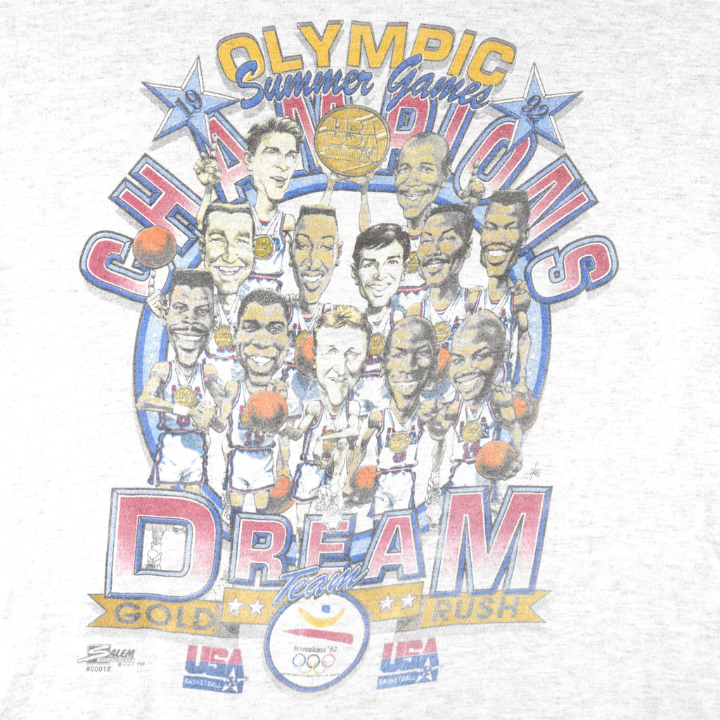 NBA (Salem) - USA Dream Team Olympic Summer Game Caricature T-Shirt 1992 Large Vintage Retro Basketball