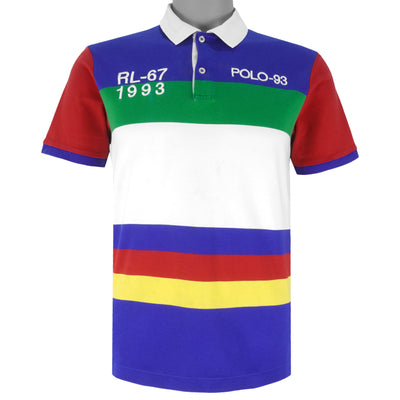 Ralph Lauren (Polo) - RL-67 White & Blue Striped Polo-93 T-Shirt 2000s Small