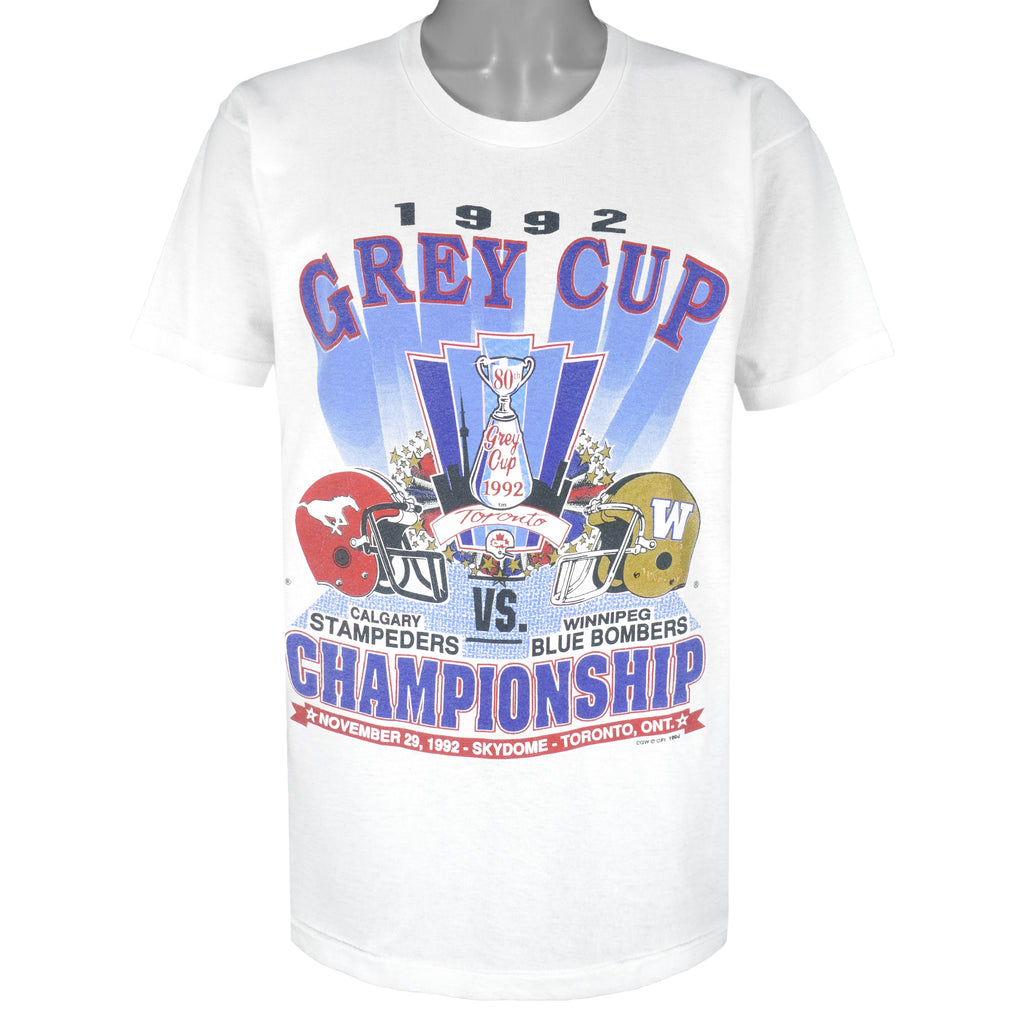 CFL (Hanes) - Calgary Stampeders VS Winnipeg Blue Bombers Grey Cup Champions T-Shirt 1992 X-Large Vintage Retro Football