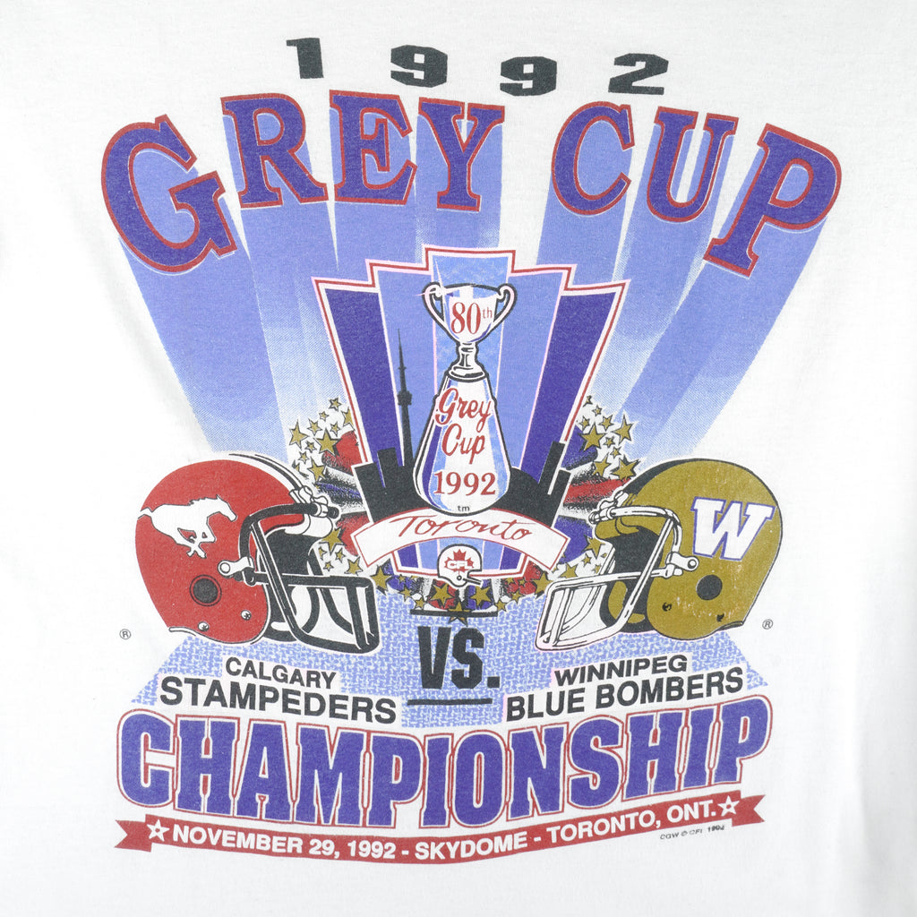 CFL (Hanes) - Calgary Stampeders VS Winnipeg Blue Bombers Grey Cup Champions T-Shirt 1992 X-Large Vintage Retro Football