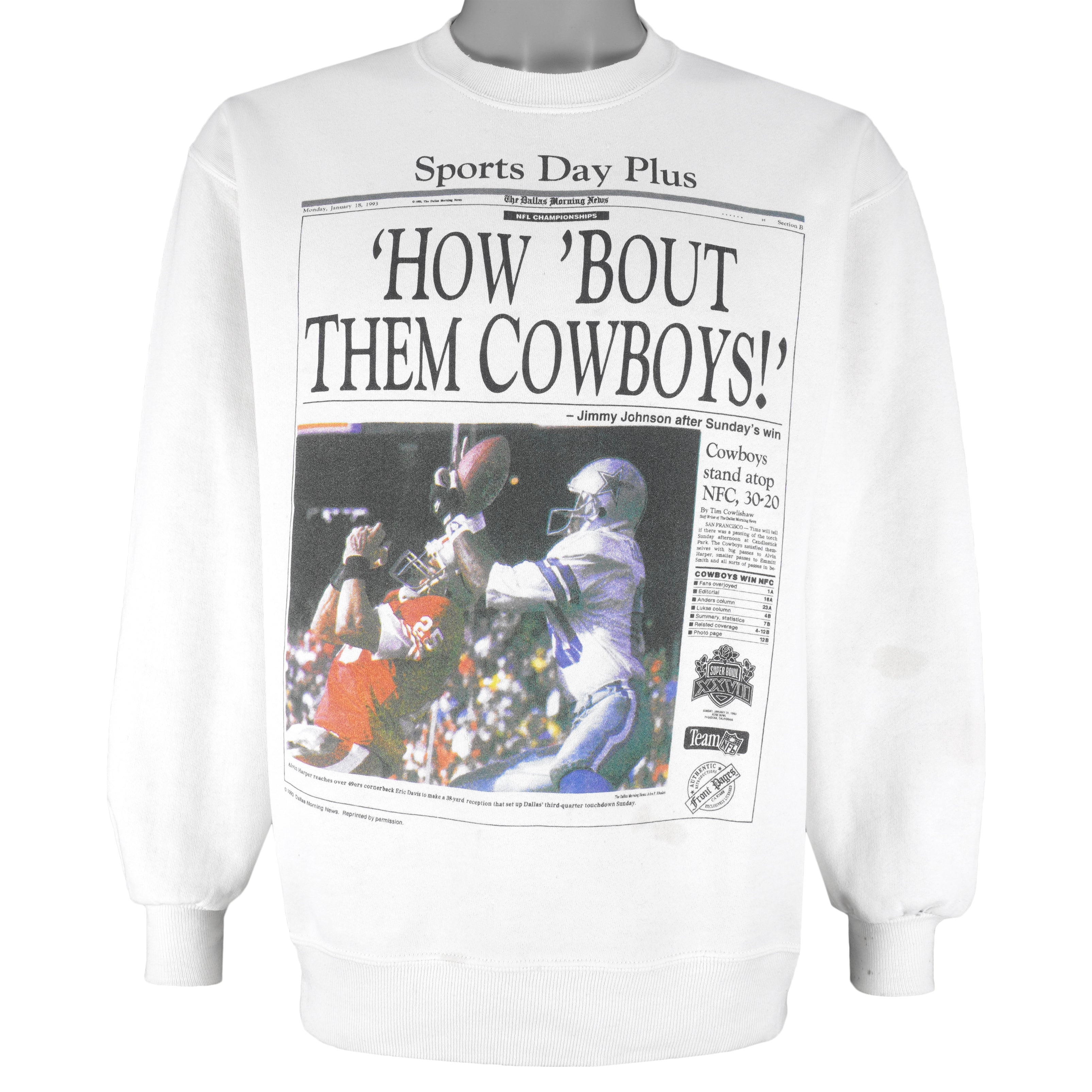 NFL (Front Pages) - Dallas Cowboys Super Bowl 27th Champions Sweatshirt 1993 Large Vintage Retro Football 