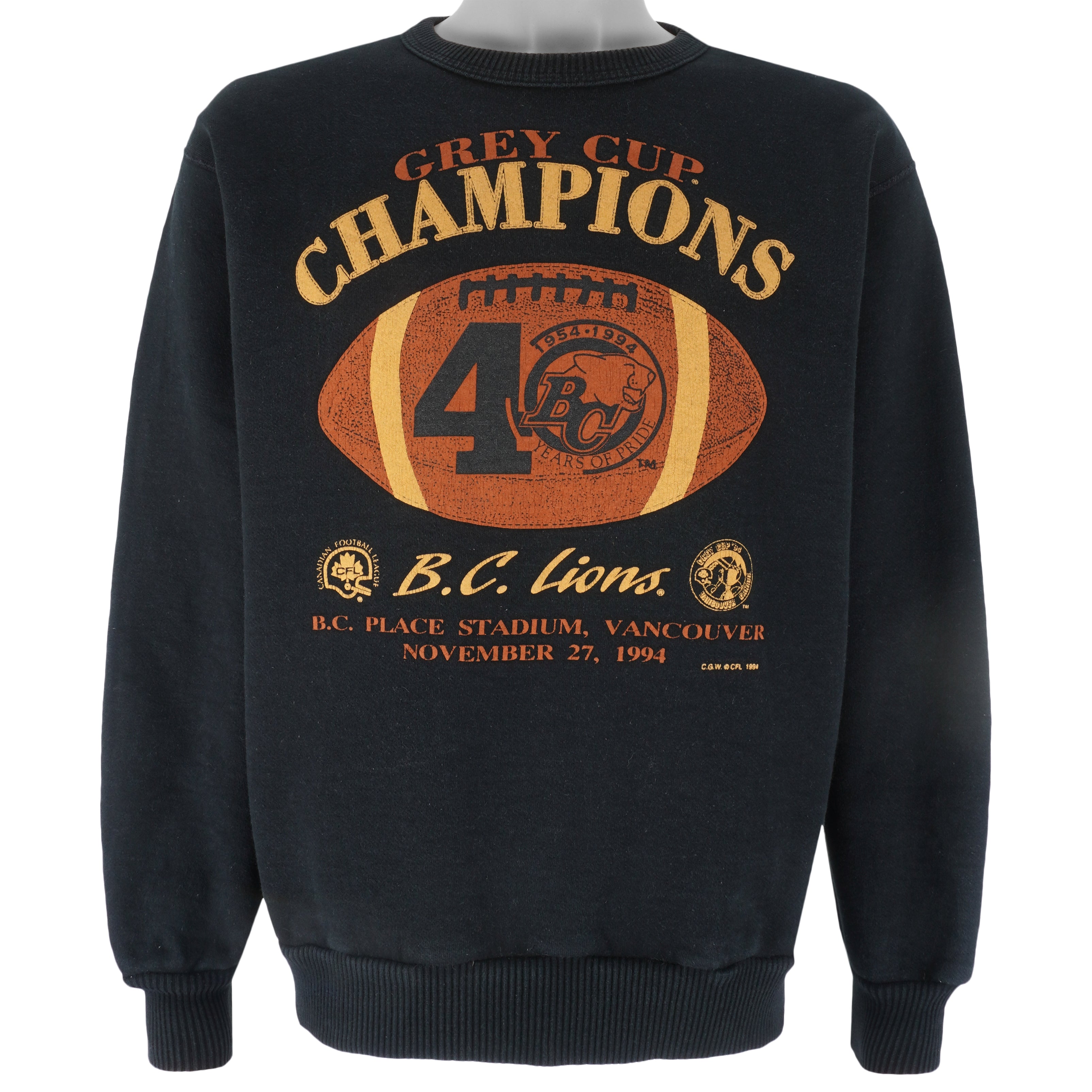 CFL (Waves) - BC Lions Grey Cup Champions Crew Neck Sweatshirt 1994 Large Vintage Retro Football