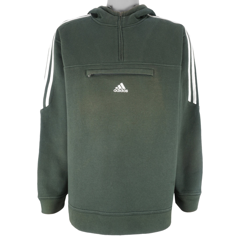 Adidas - Green 1/4 Zip Hooded Sweatshirt 1990s Medium Vintage Retro
