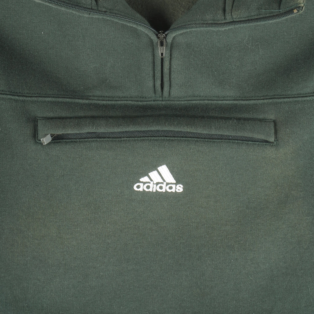Adidas - Green 1/4 Zip Hooded Sweatshirt 1990s Medium Vintage Retro