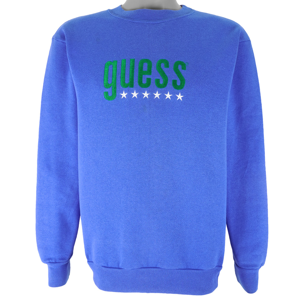 Guess - Blue Spell-Out Crew Neck Sweatshirt 1990s Medium Vintage Retro