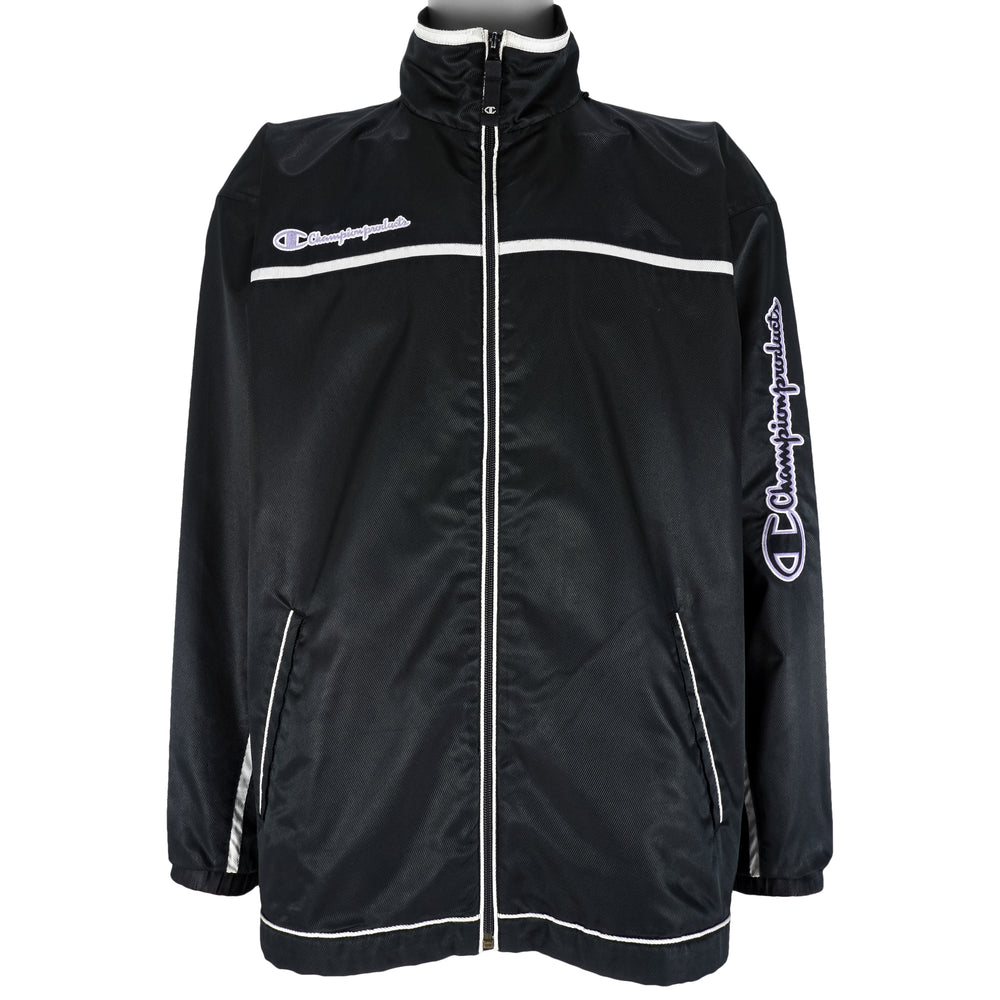 Champion - Black Embroidered Windbreaker 1990s Large Vintage Retro