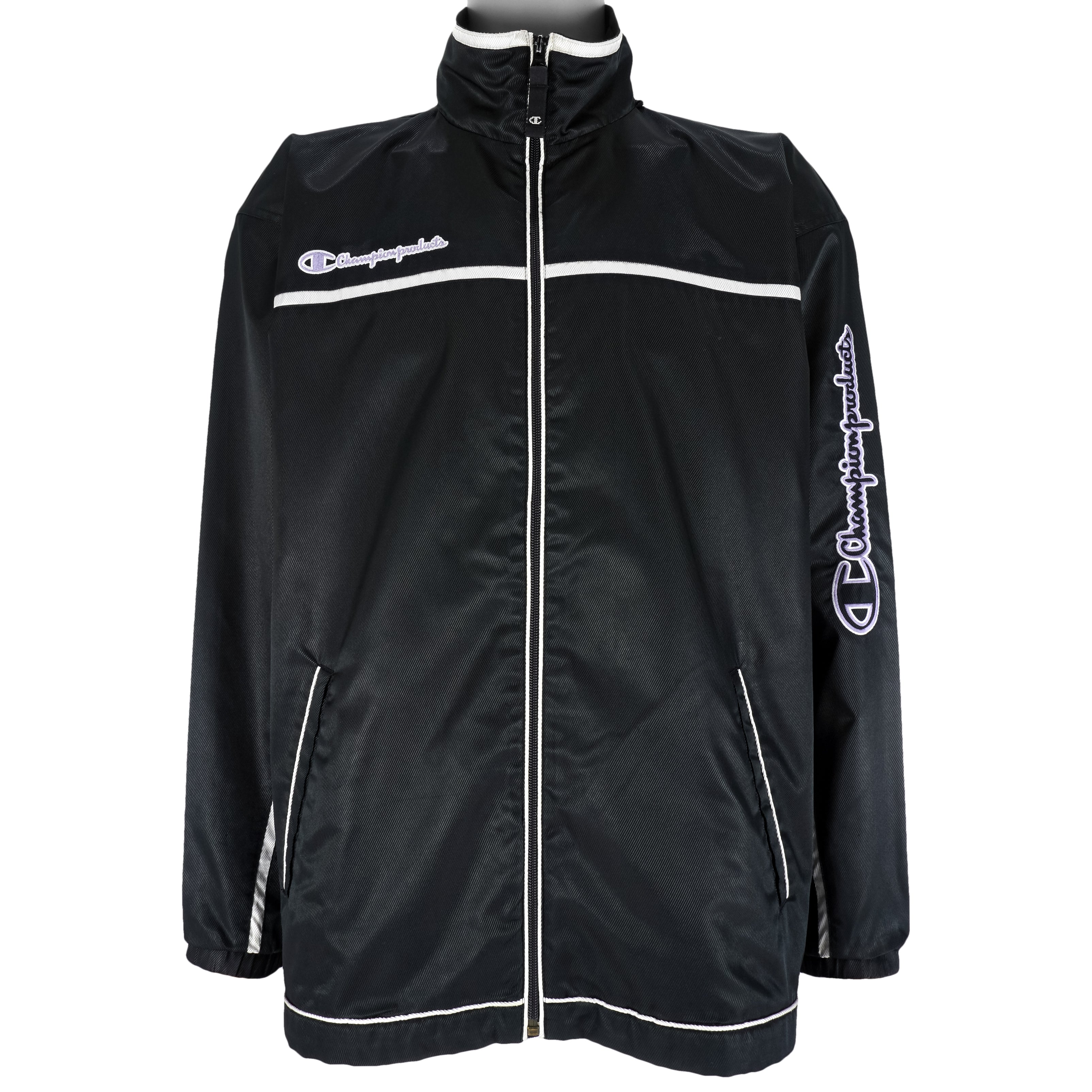 Champion - Black Embroidered Windbreaker 1990s Large Vintage Retro