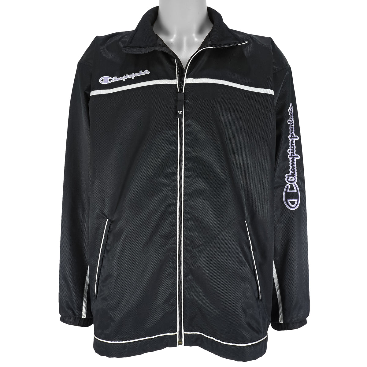Champion - Black Embroidered Windbreaker 1990s Large Vintage Retro