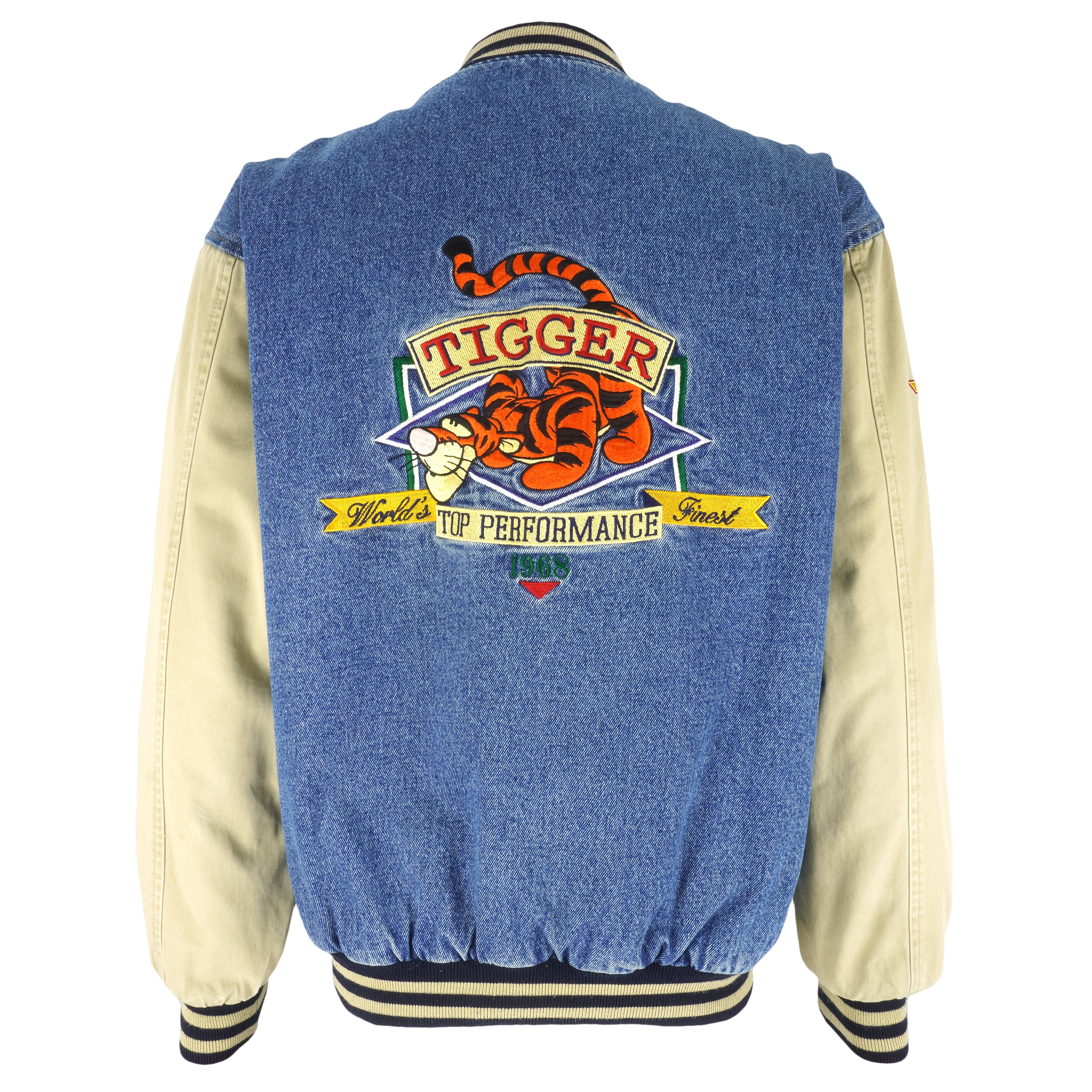 Disney - Tigger Top Performance Embroidered Varsity Denim Jacket 1990s Medium Vintage Retro