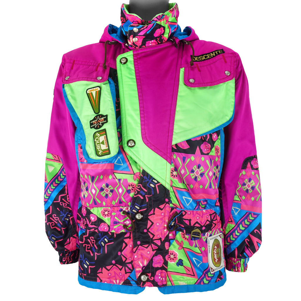 Descente - Green & Pink Flashy Ski Jacket 1990s Large Vintage Retro