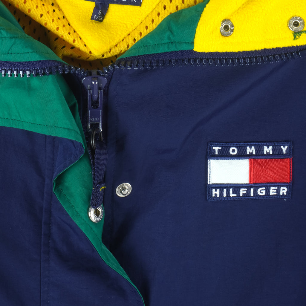 Tommy Hilfiger - Blue Embroidered Zip-Up Hooded Jacket 1990s Small Vintage Retro