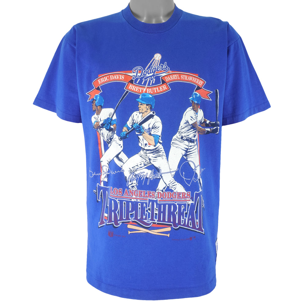 MLB (Nutmeg) - LA Dodgers Triple Threat Eric Brett Darryl T-Shirt 1992 Large Vintage Retro Baseball
