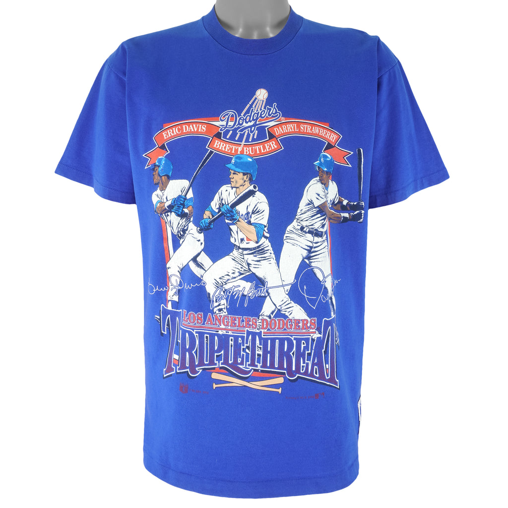 MLB (Nutmeg) - LA Dodgers Triple Threat Eric Brett Darryl T-Shirt 1992 Large Vintage Retro Baseball