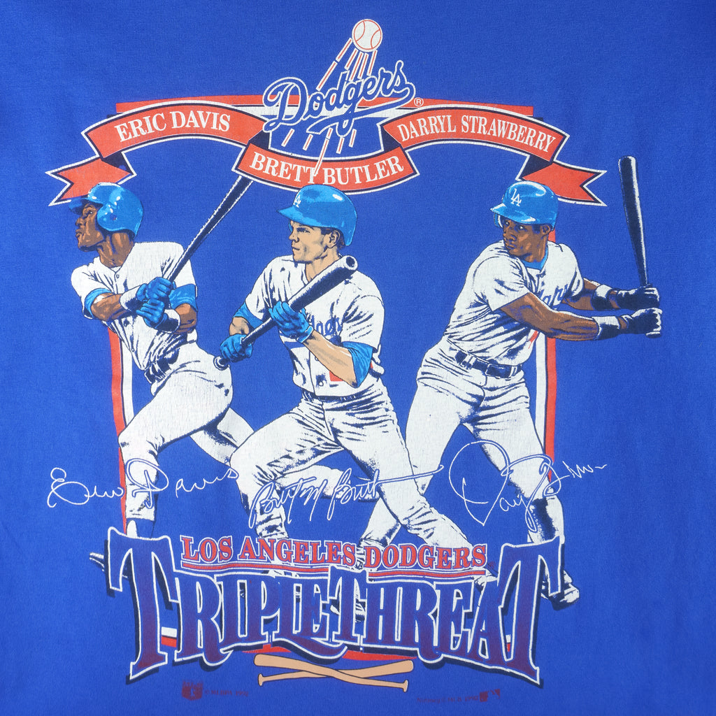 MLB (Nutmeg) - LA Dodgers Triple Threat Eric Brett Darryl T-Shirt 1992 Large Vintage Retro Baseball