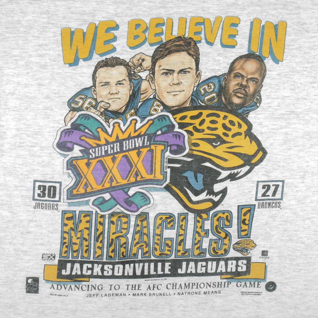 NFL (Oneita) - Jacksonville Jaguars VS Broncos We Believe In Miracles T-Shirt 1996 Large Vintage Retro Football