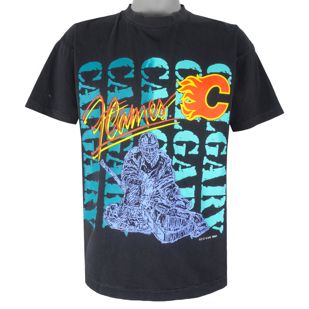 NHL (Softwear) - Calgary Flames Single Stitch T-Shirt 1990 Medium Vintage Retro Hockey