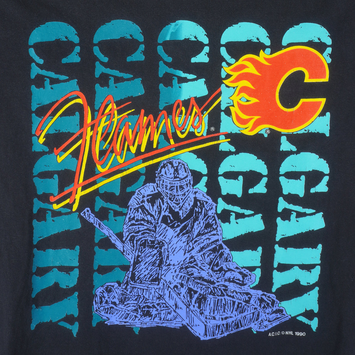 NHL (Softwear) - Calgary Flames Single Stitch T-Shirt 1990 Medium Vintage Retro Hockey